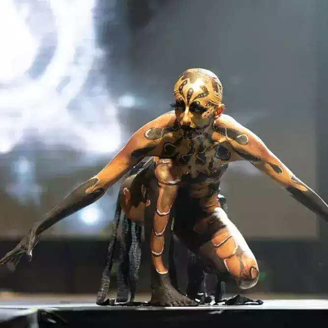 Maquillage artistique bodypainting noir dorénoir doré scène